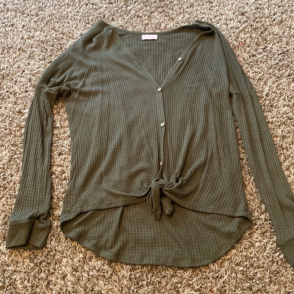 Pink Lily Olive Green Tie Front Blouse